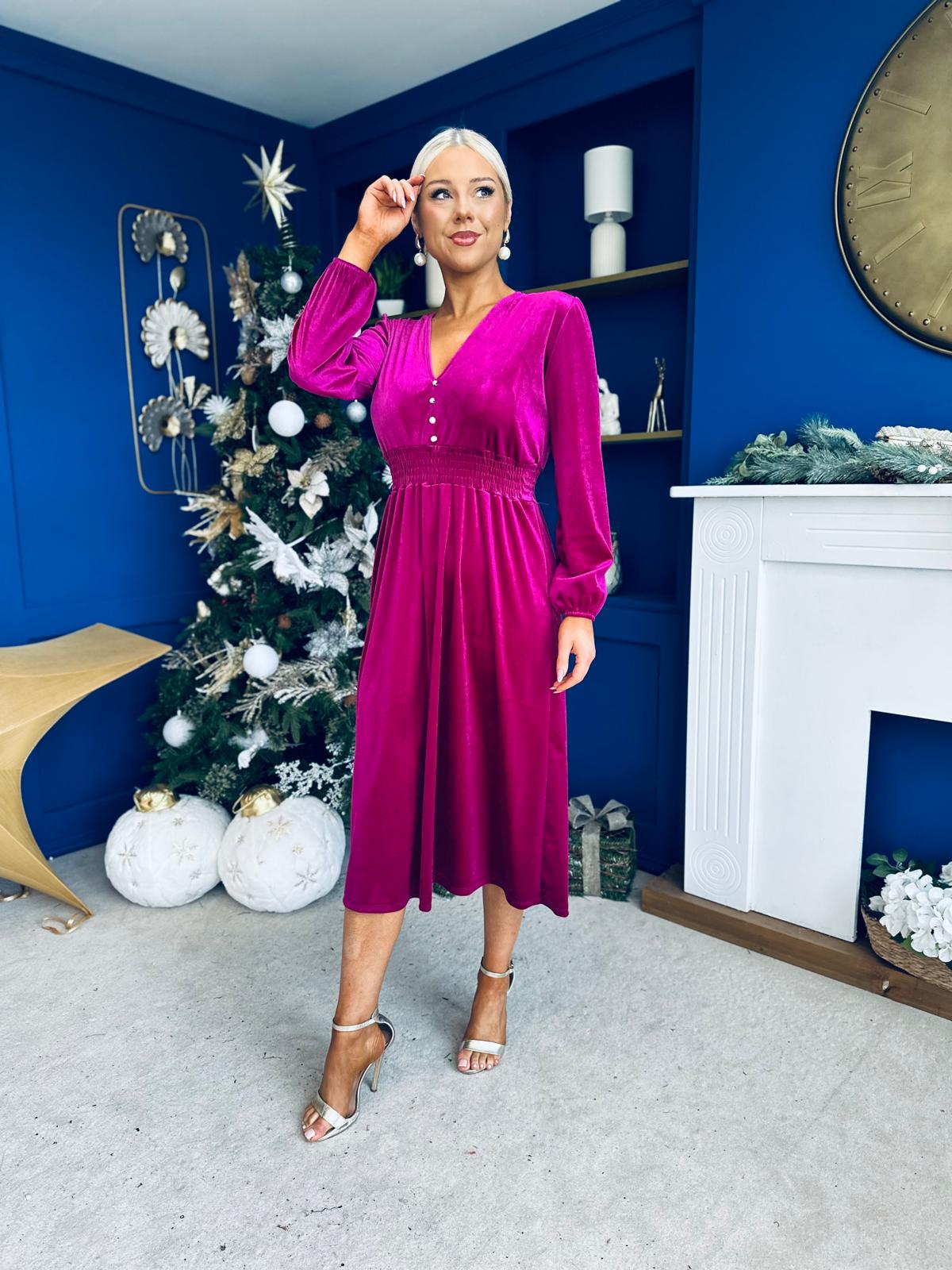 Doireann Pearl Button Velvet Midi Dress Orchid