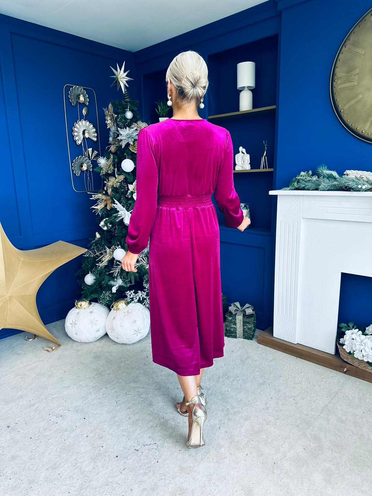 Doireann Pearl Button Velvet Midi Dress Orchid