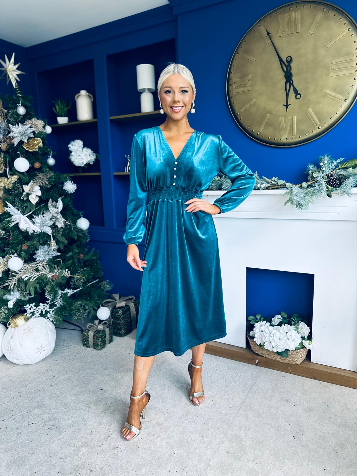 Doireann Pearl Button Velvet Midi Dress Turquoise