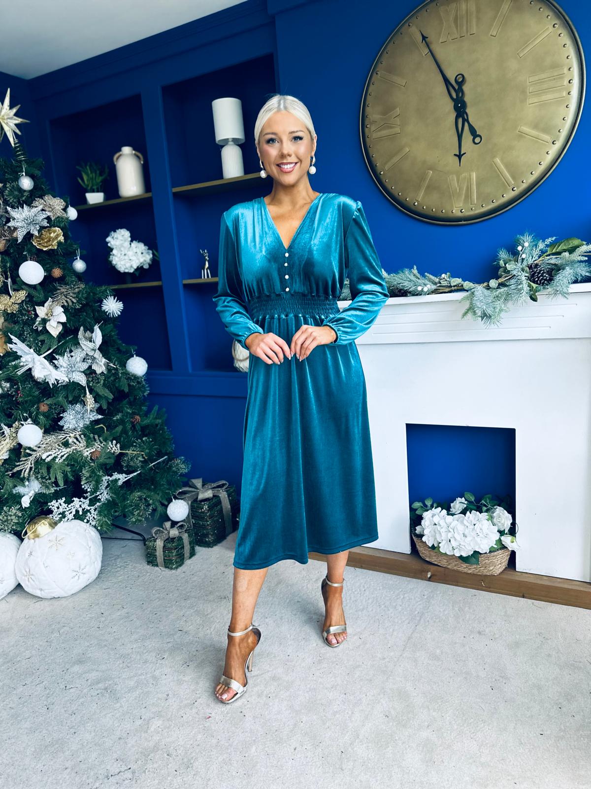 Doireann Pearl Button Velvet Midi Dress Turquoise
