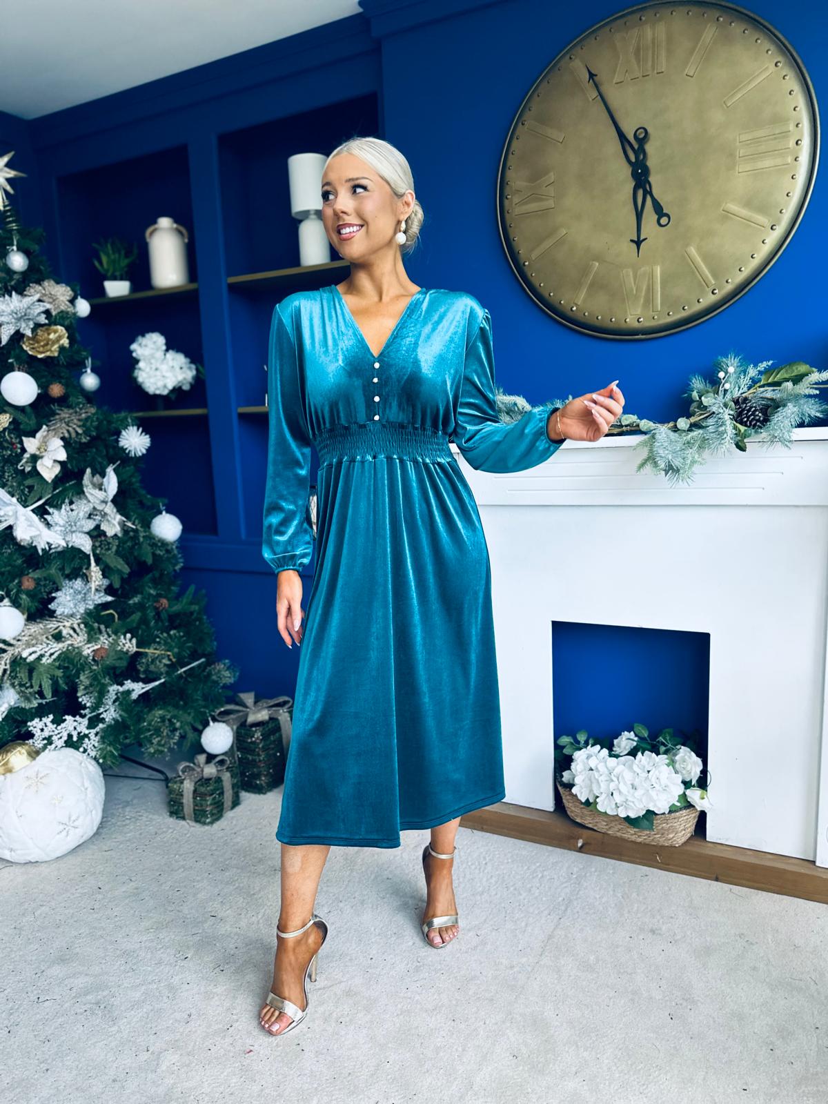 Doireann Pearl Button Velvet Midi Dress Turquoise