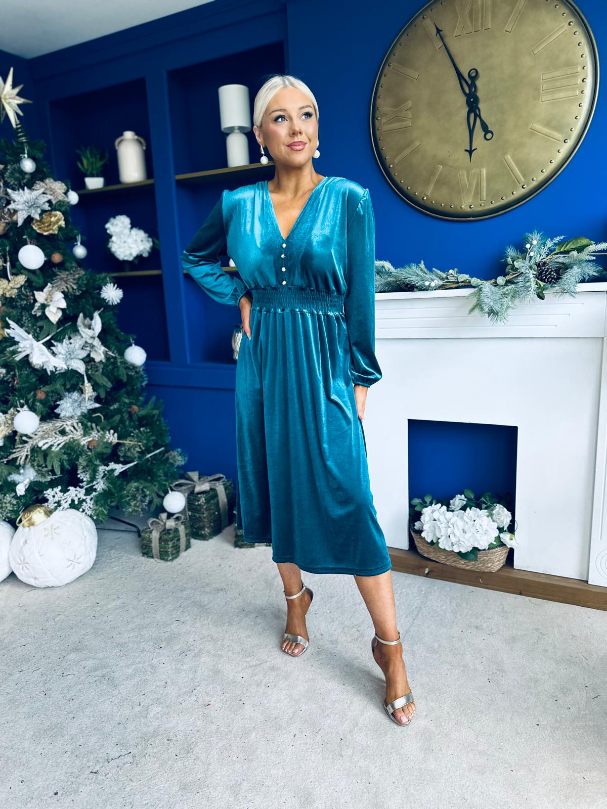 Doireann Pearl Button Velvet Midi Dress Turquoise