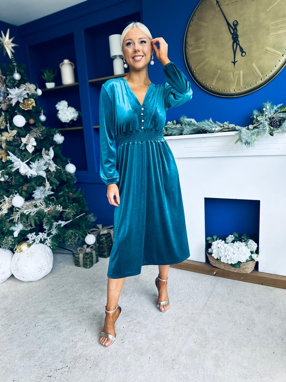 Doireann Pearl Button Velvet Midi Dress Turquoise
