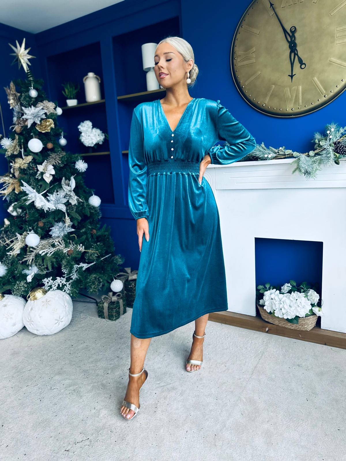 Doireann Pearl Button Velvet Midi Dress Turquoise