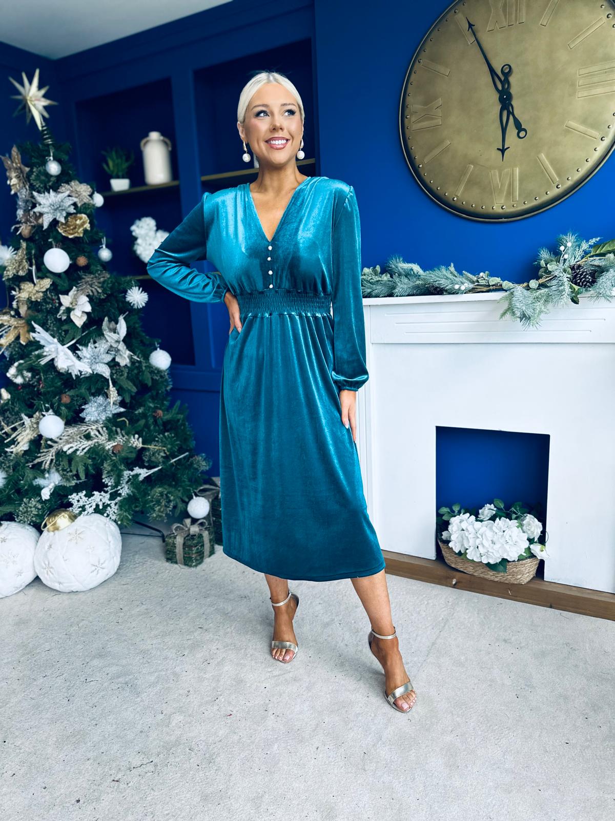 Doireann Pearl Button Velvet Midi Dress Turquoise