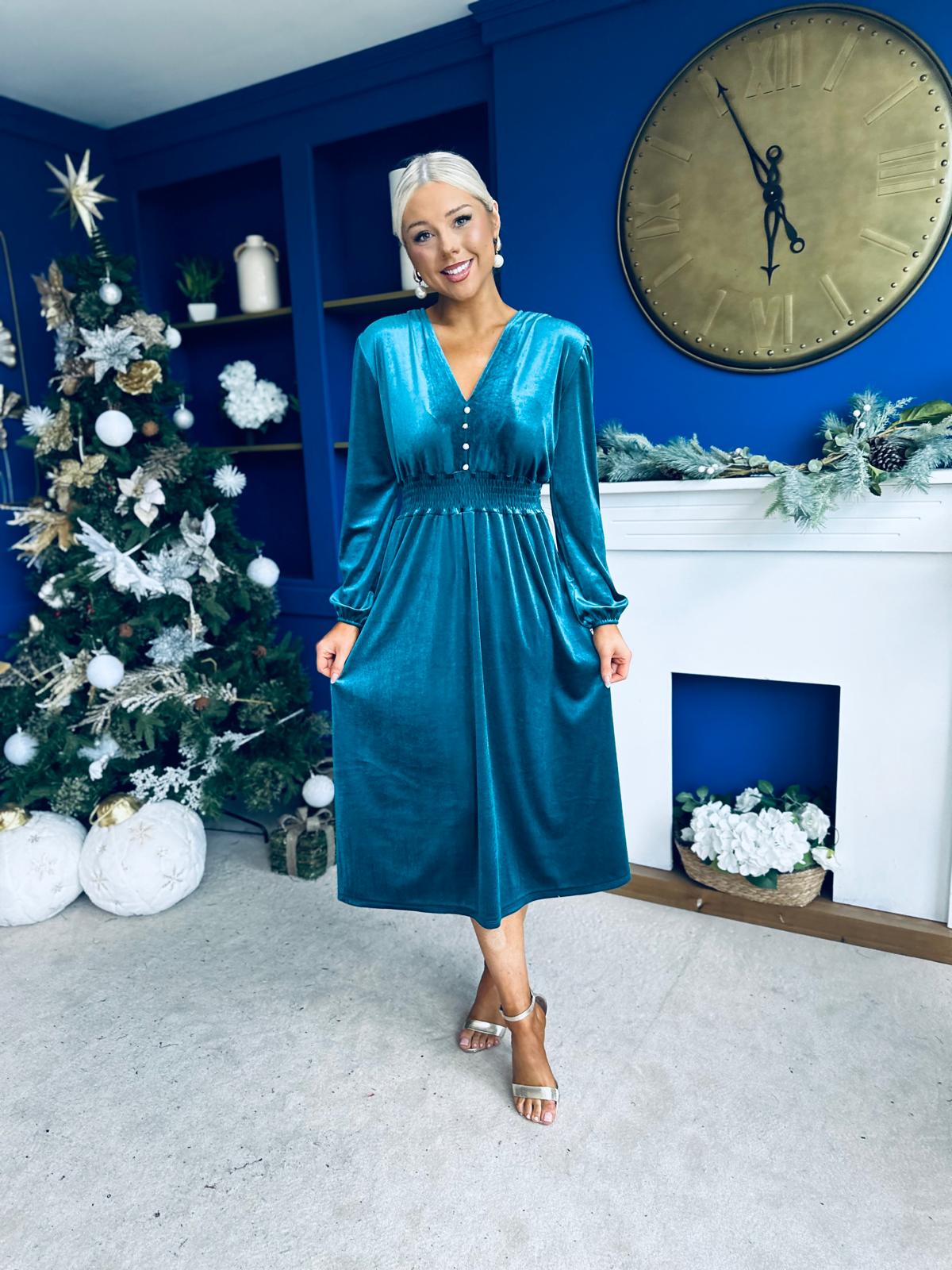 Doireann Pearl Button Velvet Midi Dress Turquoise