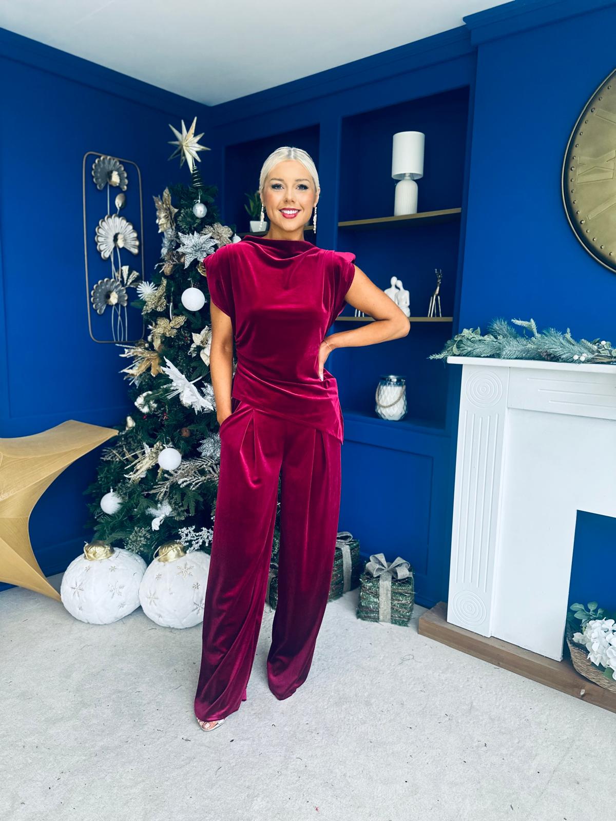 Margot Velvet Top And Trouser Set Wine