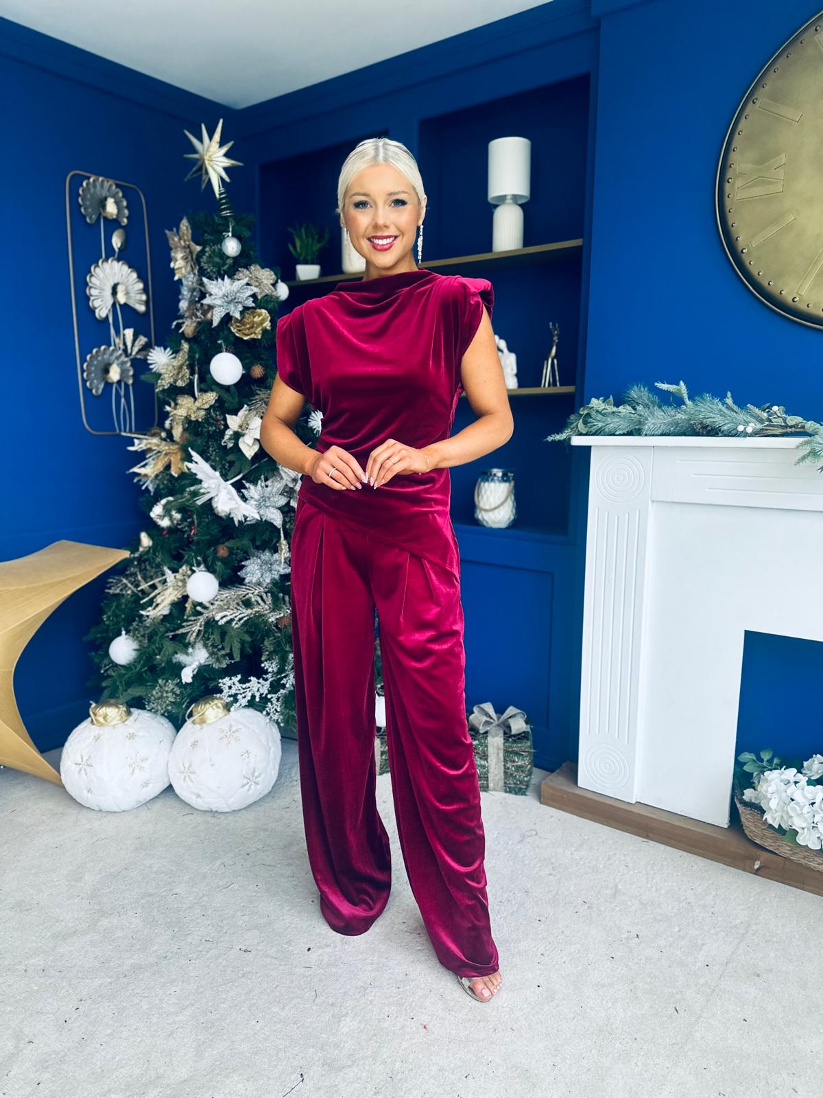 Margot Velvet Top And Trouser Set Wine