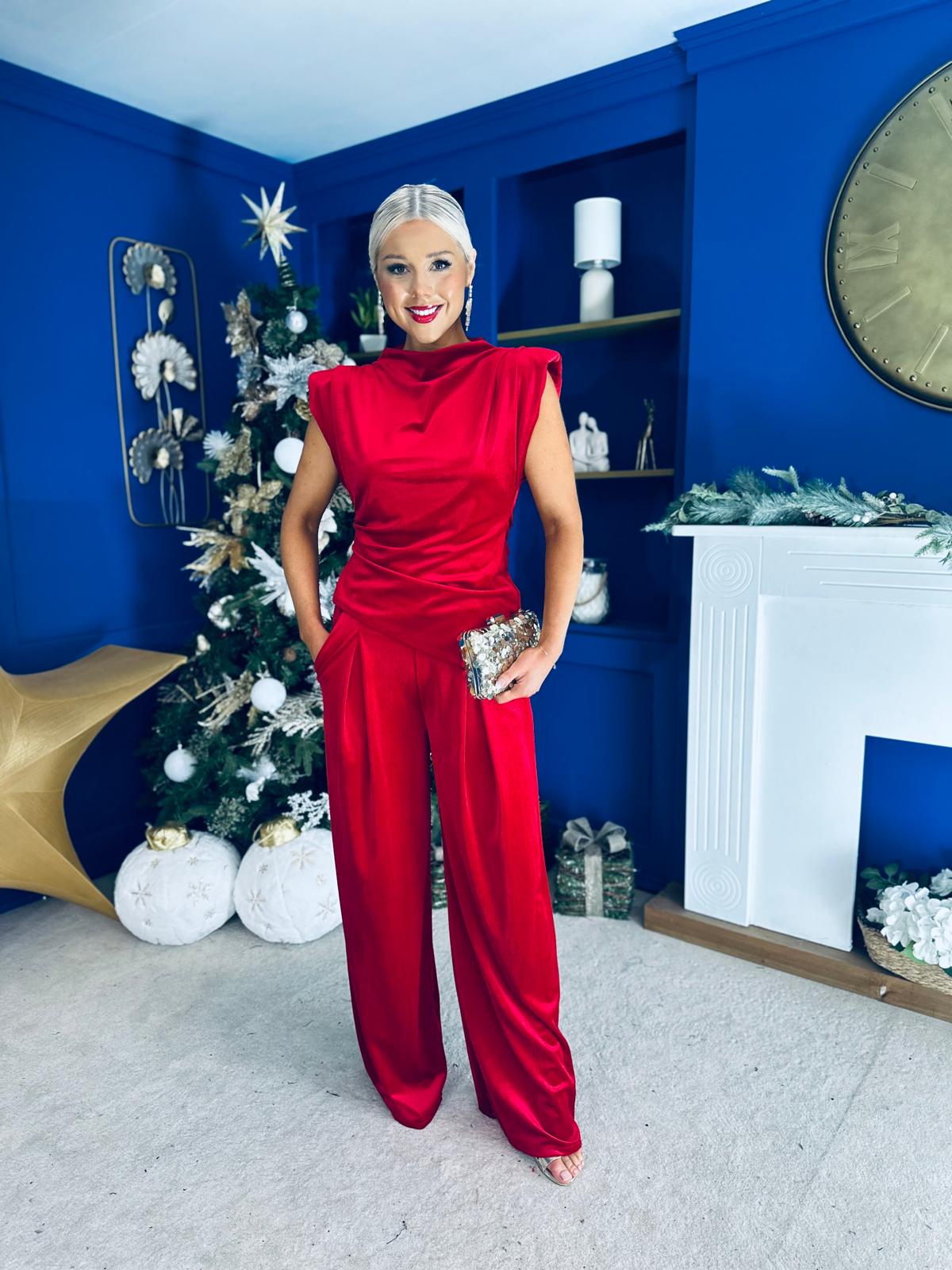 Margot Velvet Top And Trouser Set Red