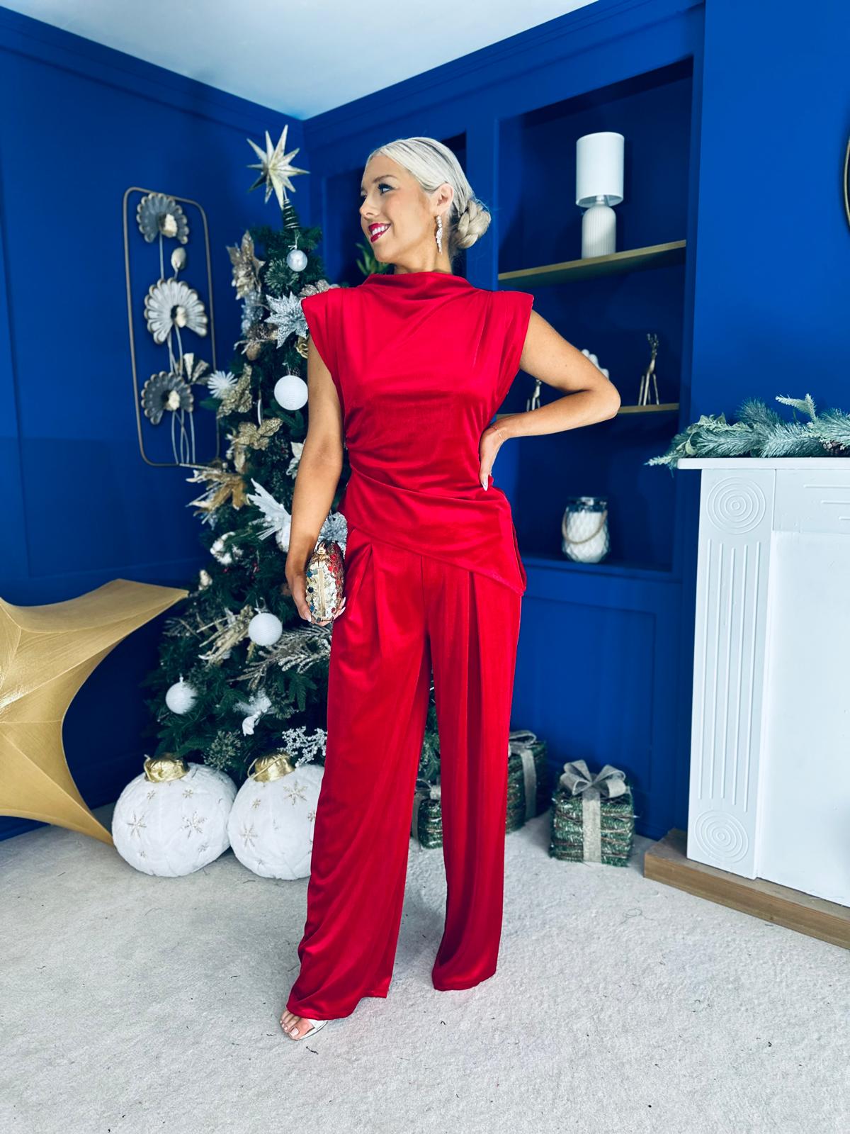 Margot Velvet Top And Trouser Set Red