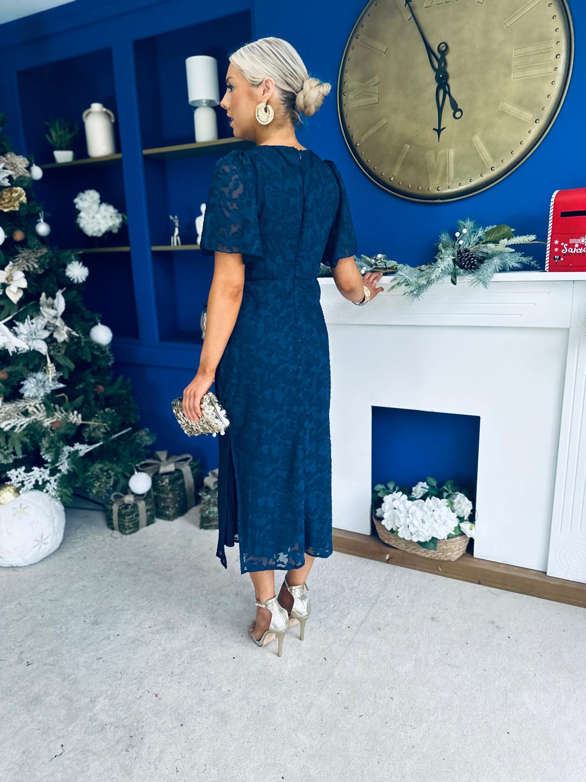 Maddy Gathered Neckline Midi Dress Navy