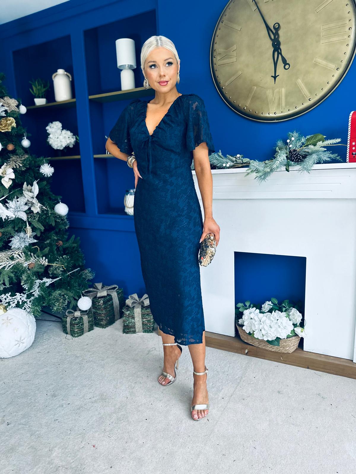 Maddy Gathered Neckline Midi Dress Navy