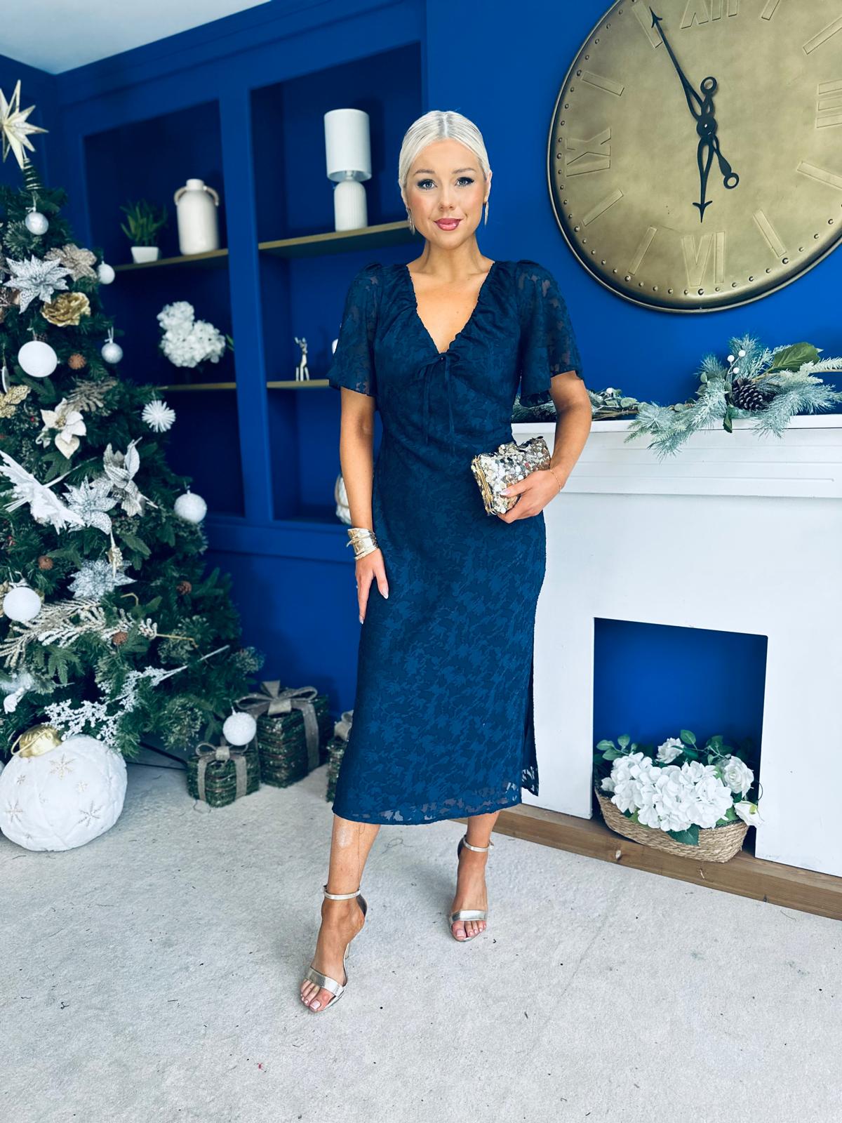 Maddy Gathered Neckline Midi Dress Navy