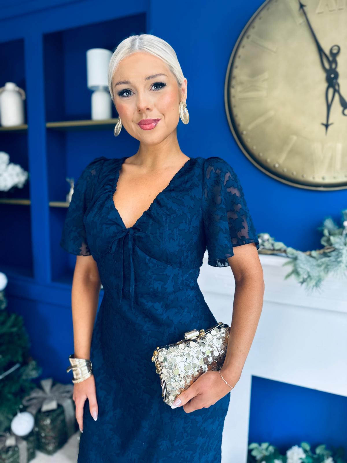 Maddy Gathered Neckline Midi Dress Navy