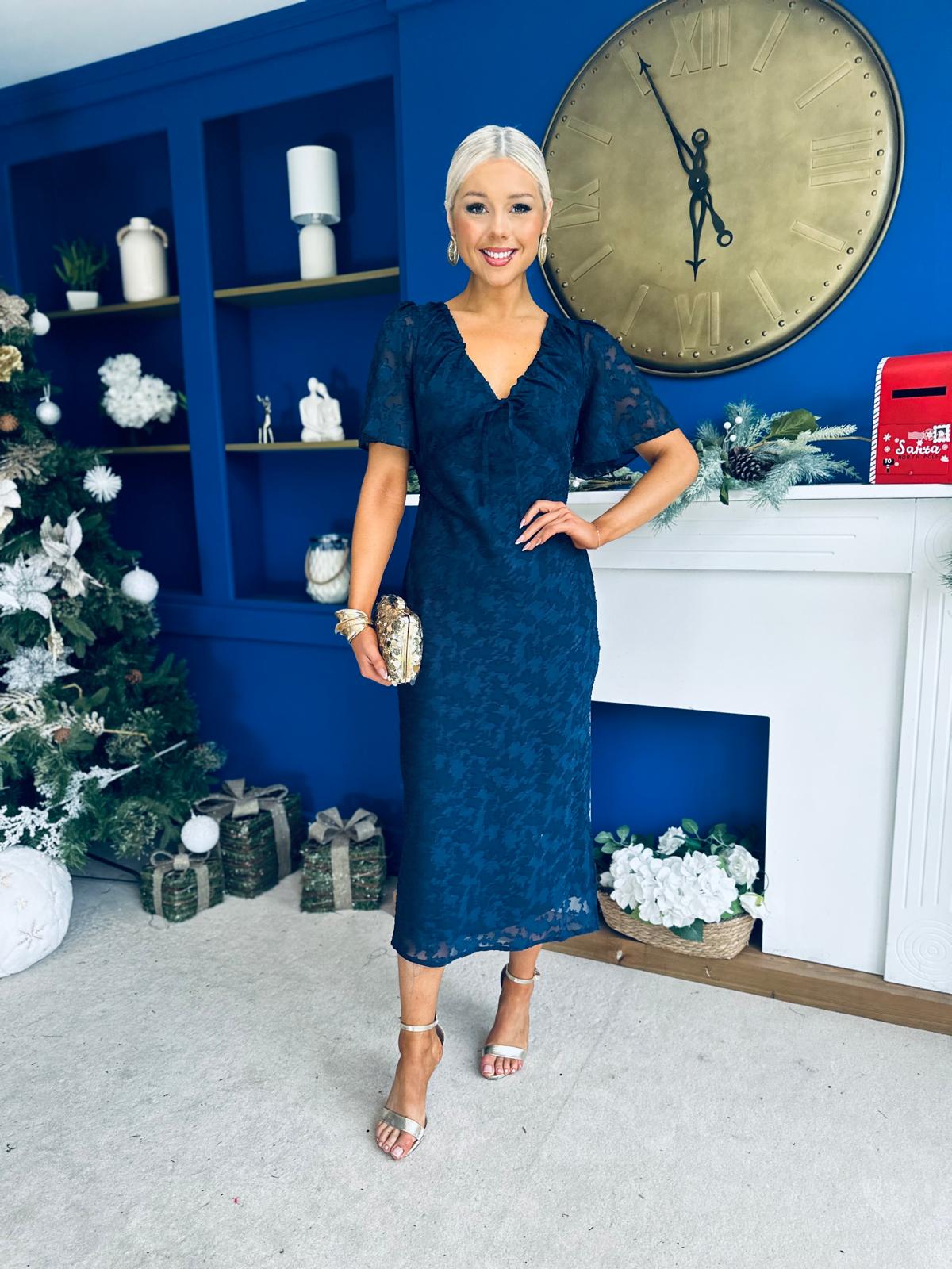 Maddy Gathered Neckline Midi Dress Navy