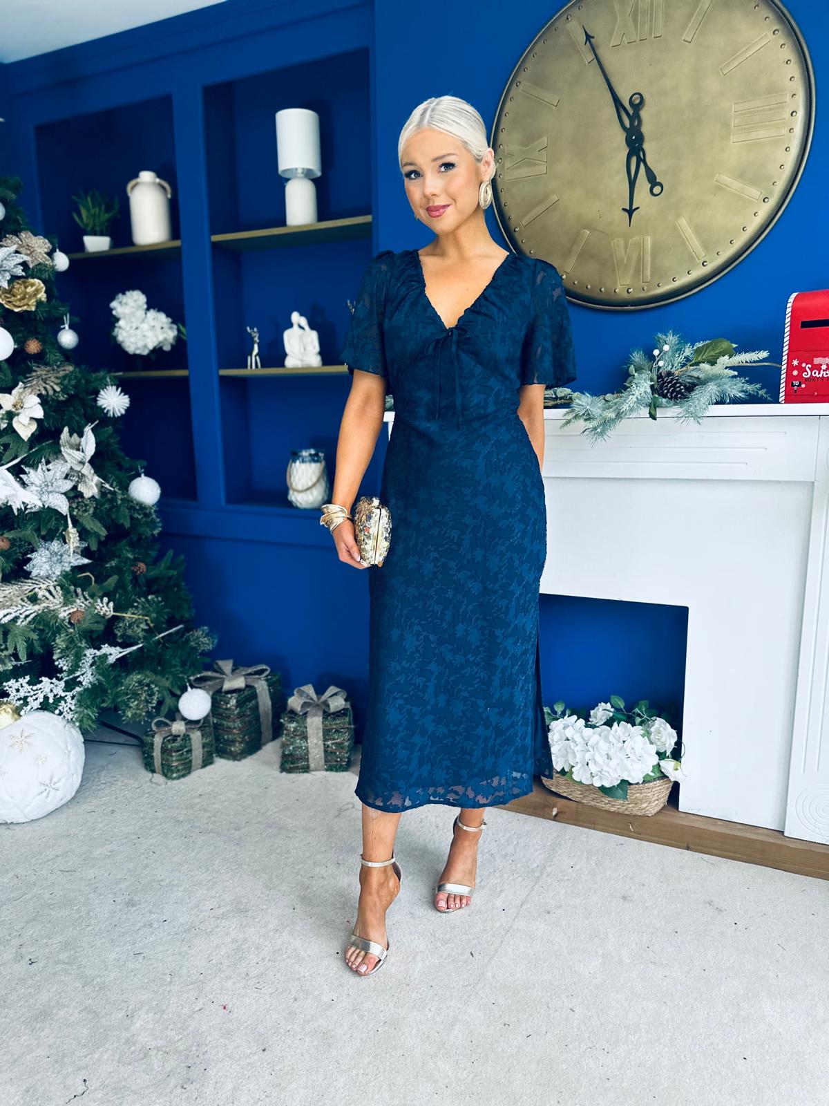 Maddy Gathered Neckline Midi Dress Navy