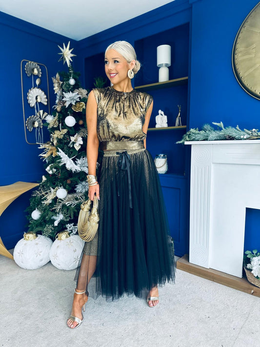 Tracy Detailed Tulle Skirt Black Gold Pre Order 9 Dec