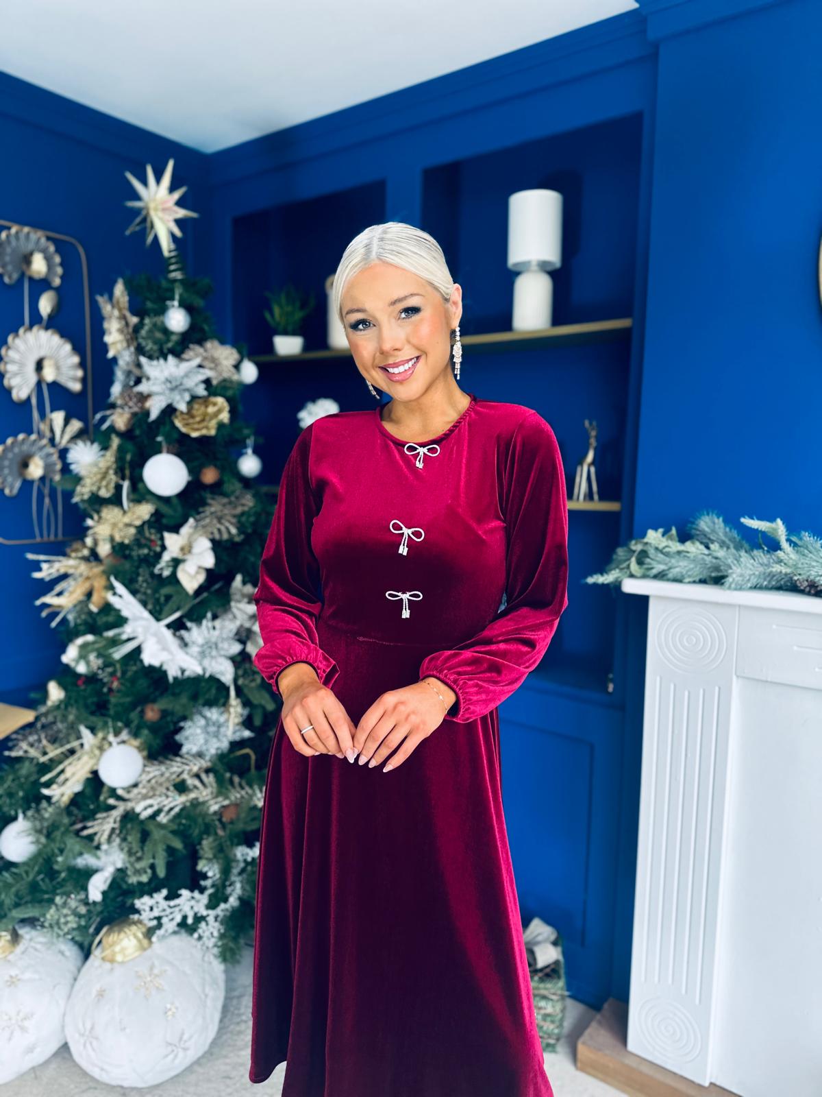 Caroline Bow Detail Velvet Midi Dress Wine