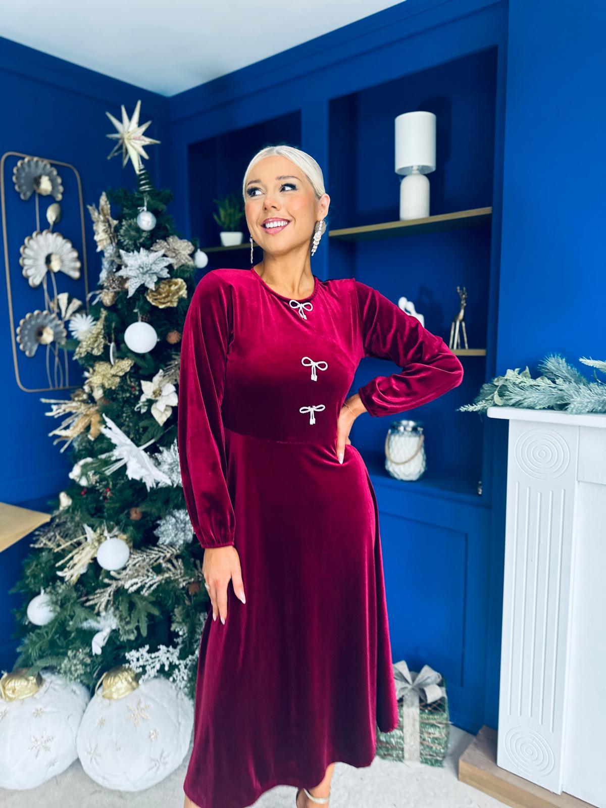 Caroline Bow Detail Velvet Midi Dress Wine