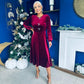 Caroline Bow Detail Velvet Midi Dress Wine