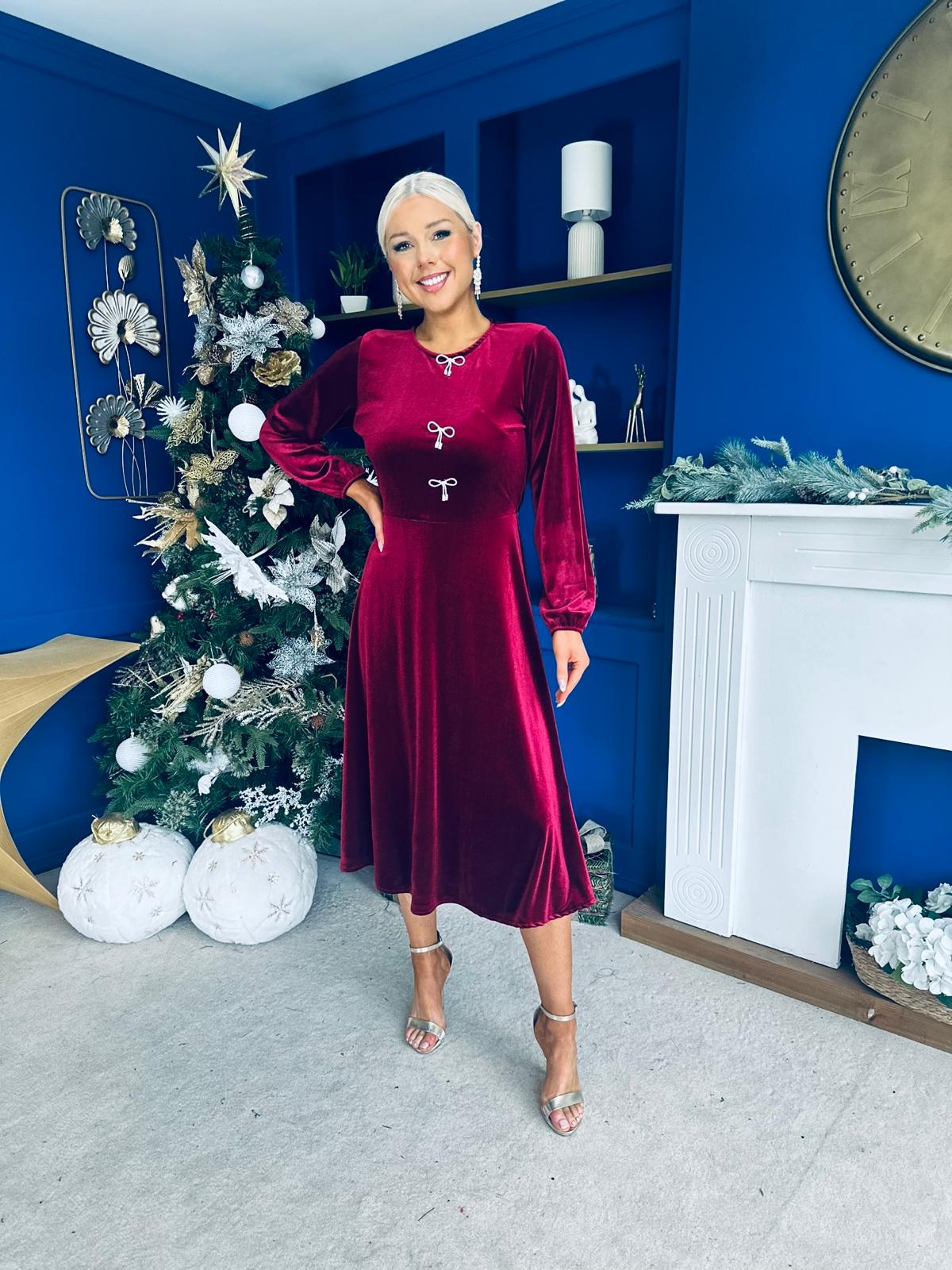 Caroline Bow Detail Velvet Midi Dress Wine