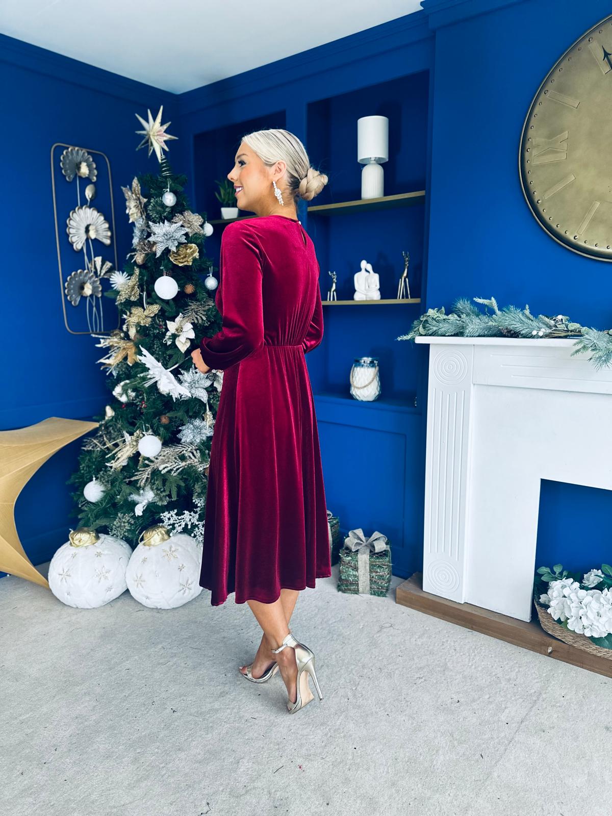 Caroline Bow Detail Velvet Midi Dress Wine