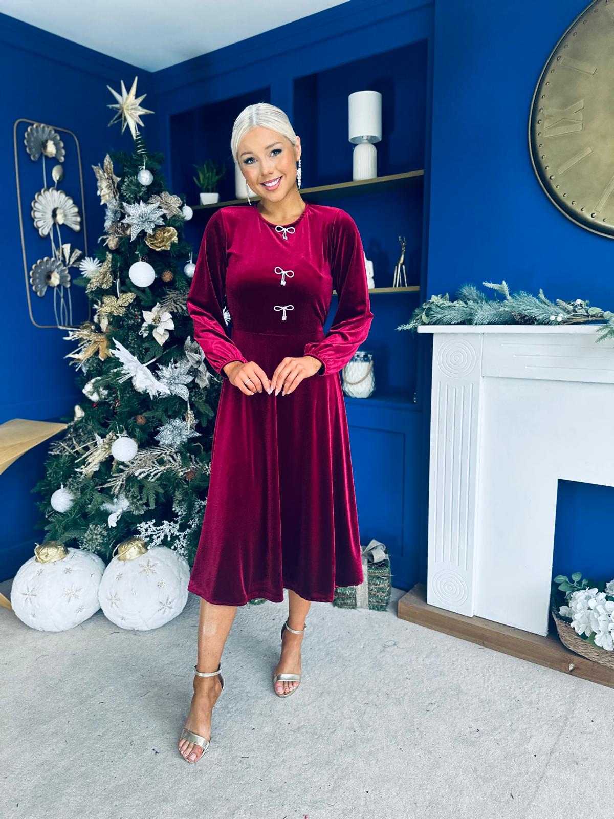 Caroline Bow Detail Velvet Midi Dress Wine