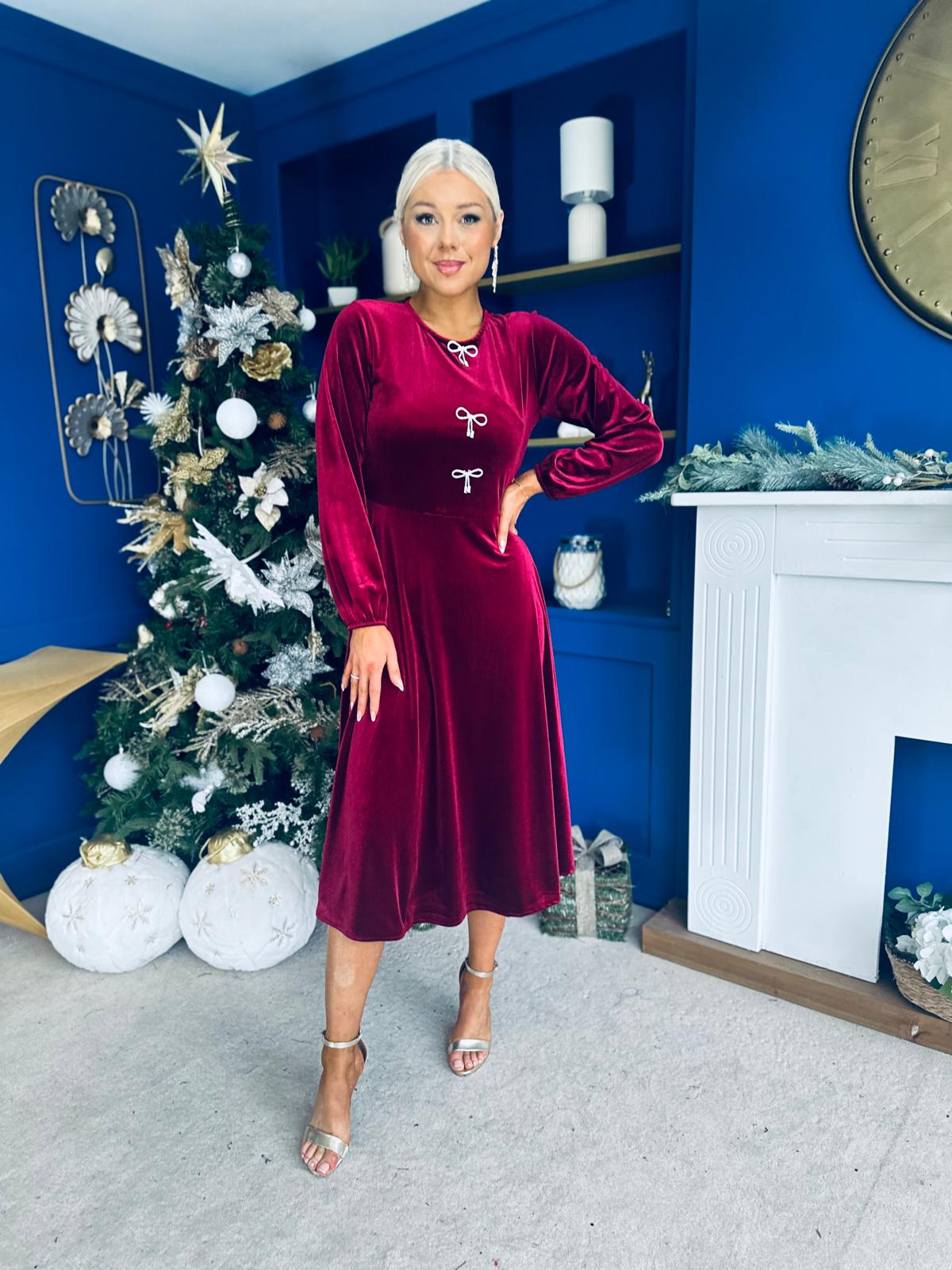 Caroline Bow Detail Velvet Midi Dress Wine