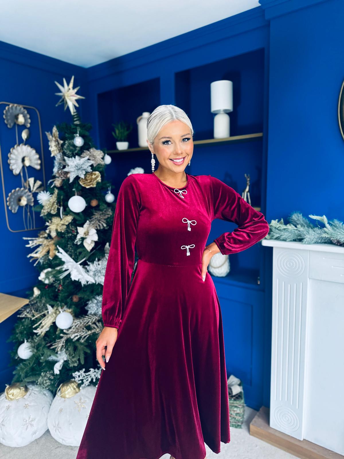 Caroline Bow Detail Velvet Midi Dress Wine