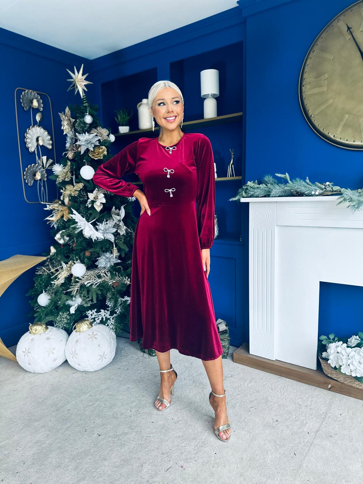 Caroline Bow Detail Velvet Midi Dress Wine