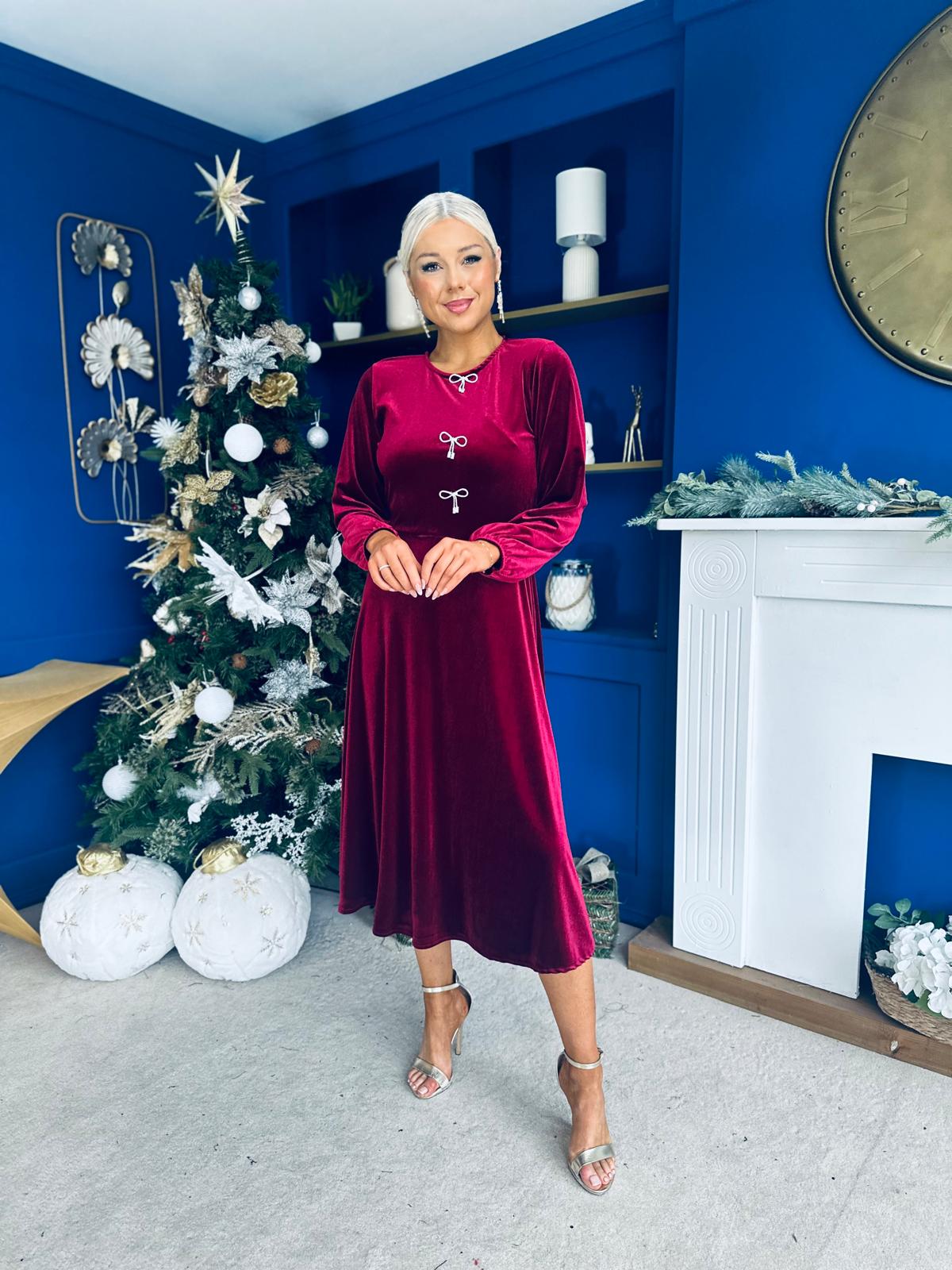 Caroline Bow Detail Velvet Midi Dress Wine