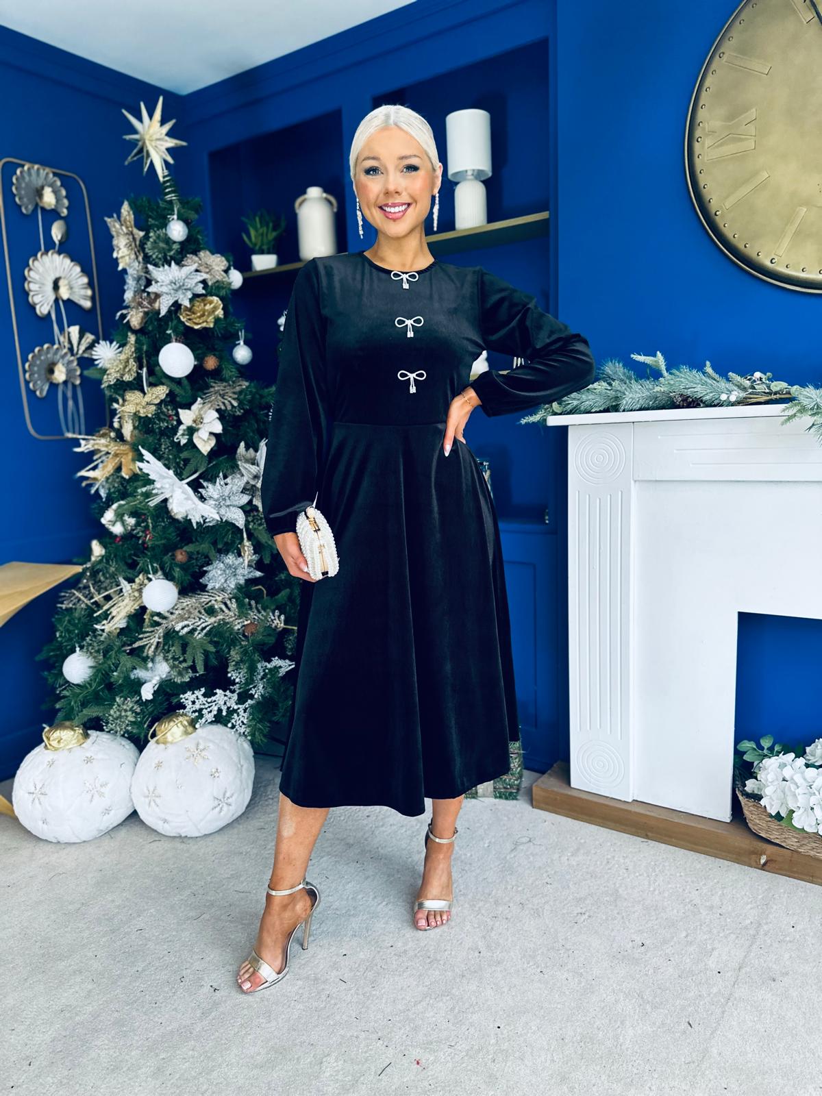 Caroline Bow Detail Velvet Midi Dress Black