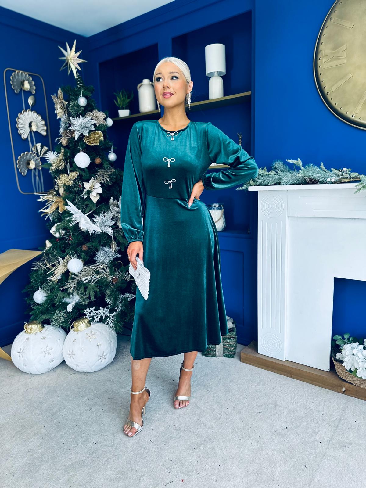 Caroline Bow Detail Velvet Midi Dress Forest