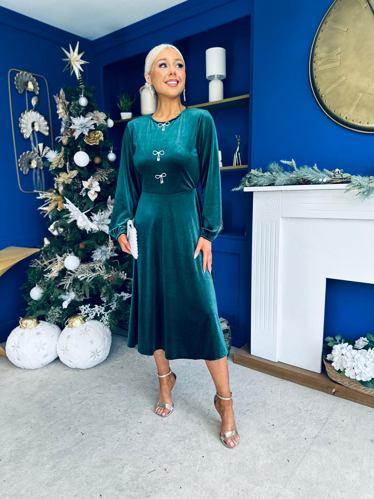 Caroline Bow Detail Velvet Midi Dress Forest