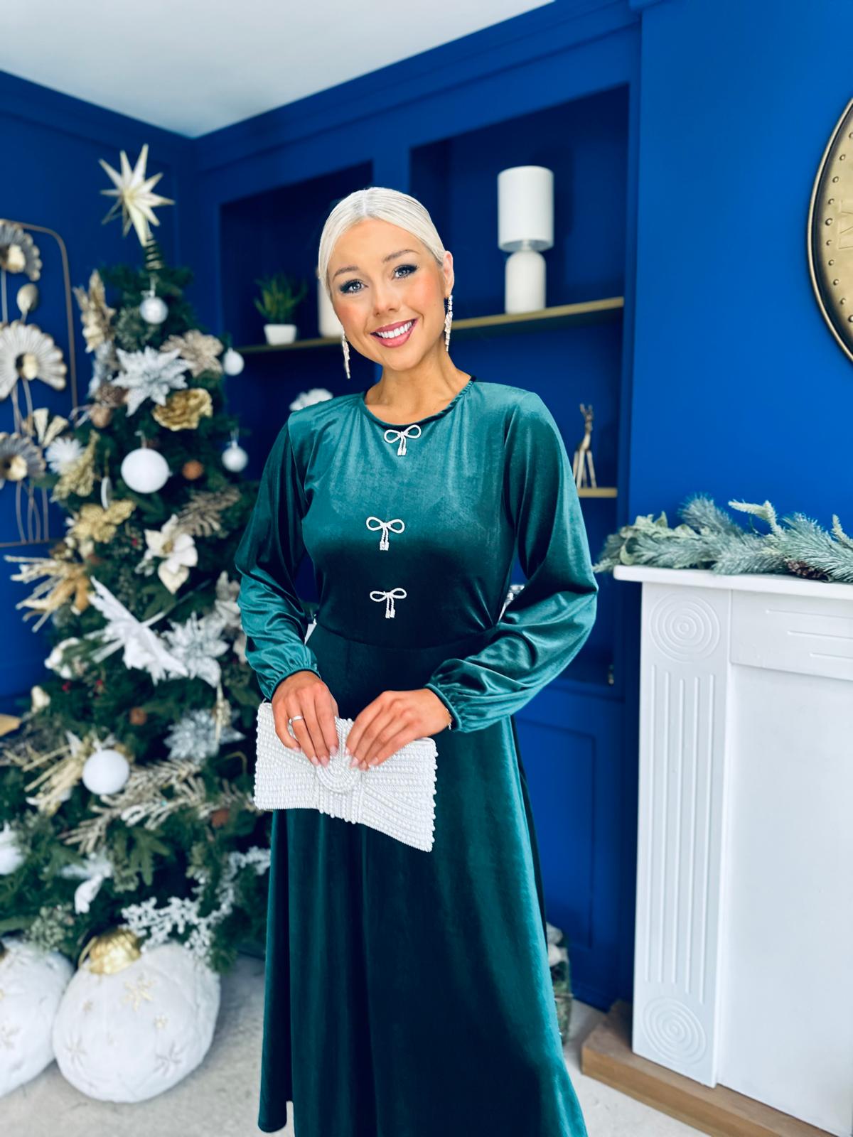 Caroline Bow Detail Velvet Midi Dress Forest