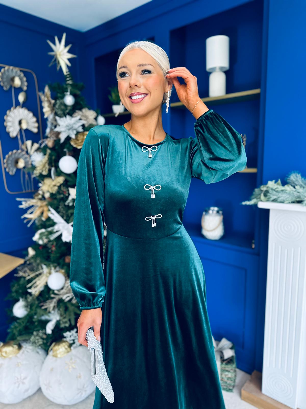 Caroline Bow Detail Velvet Midi Dress Forest