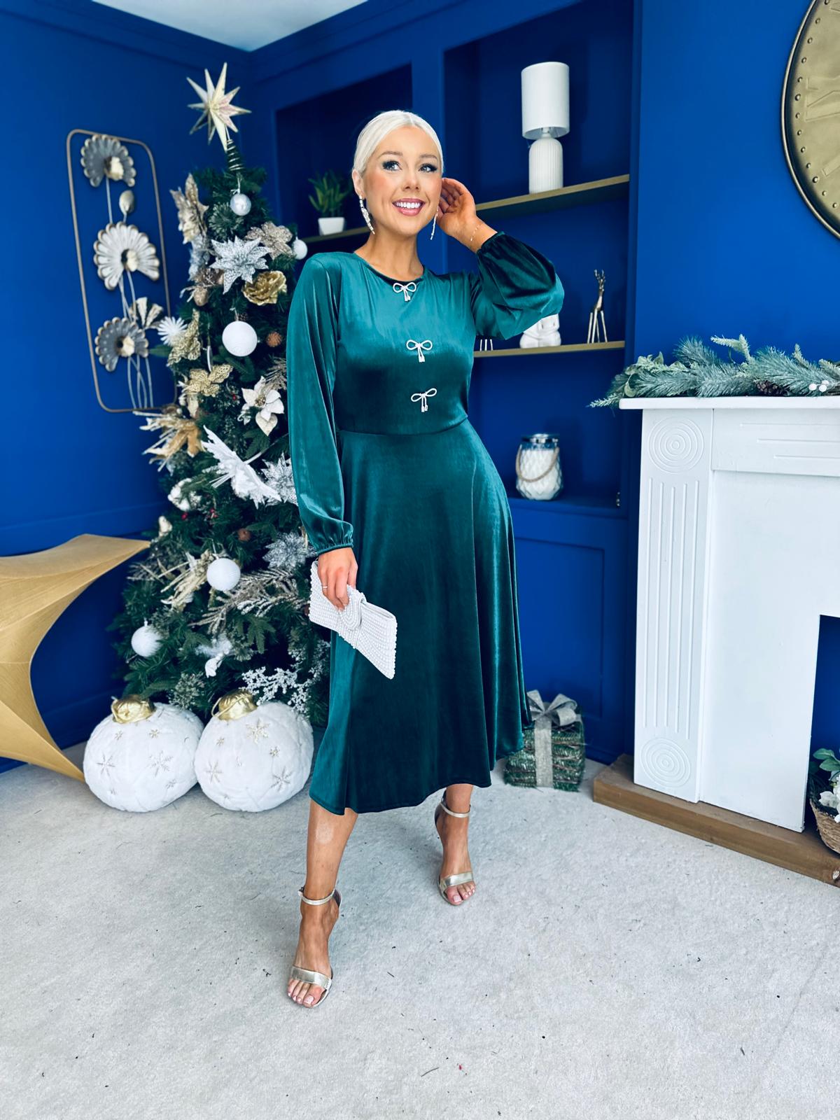 Caroline Bow Detail Velvet Midi Dress Forest