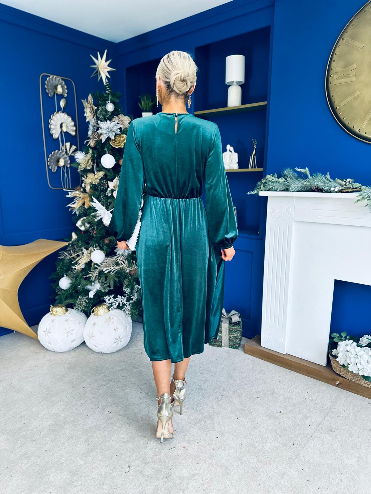 Caroline Bow Detail Velvet Midi Dress Forest