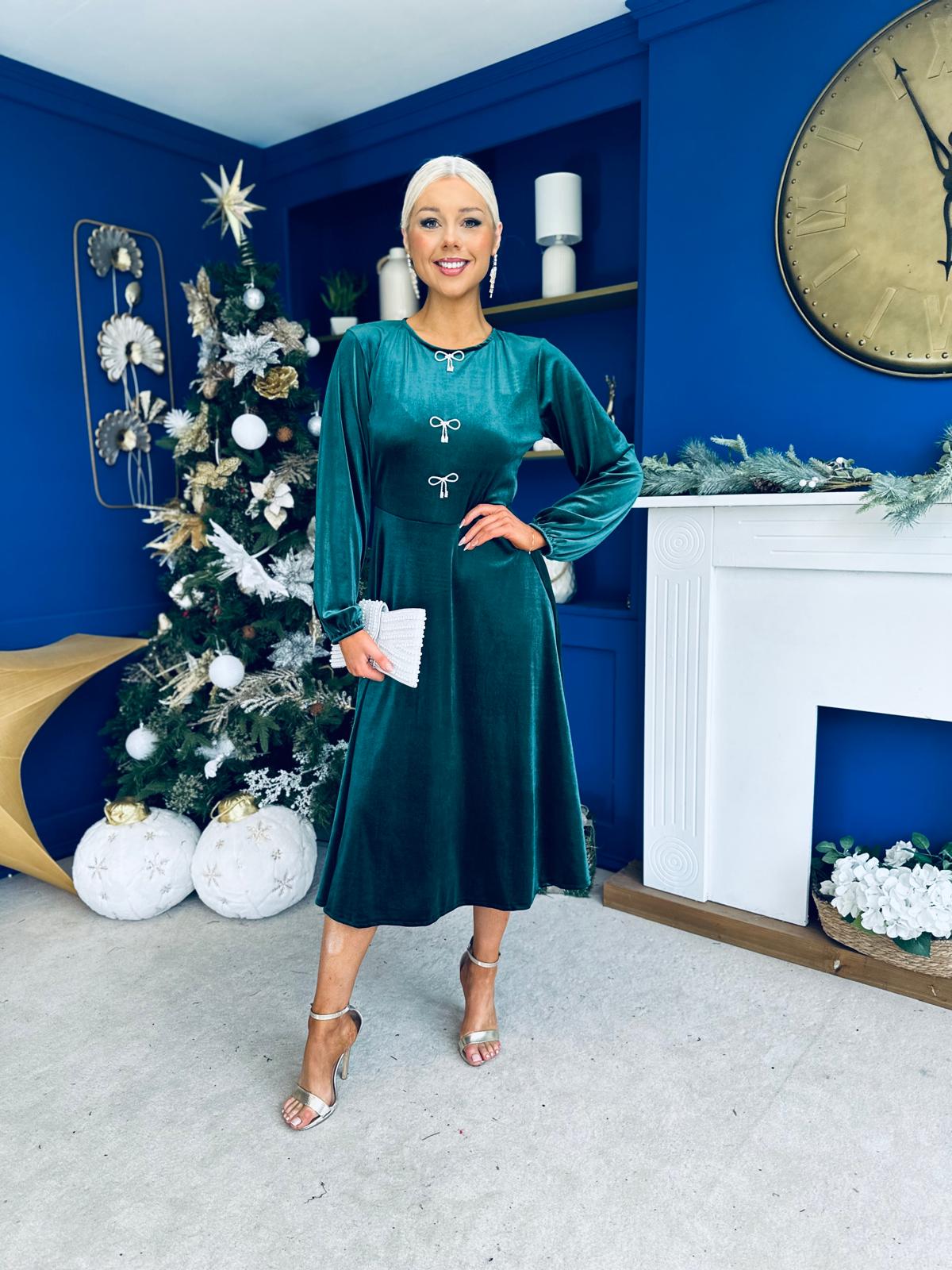 Caroline Bow Detail Velvet Midi Dress Forest