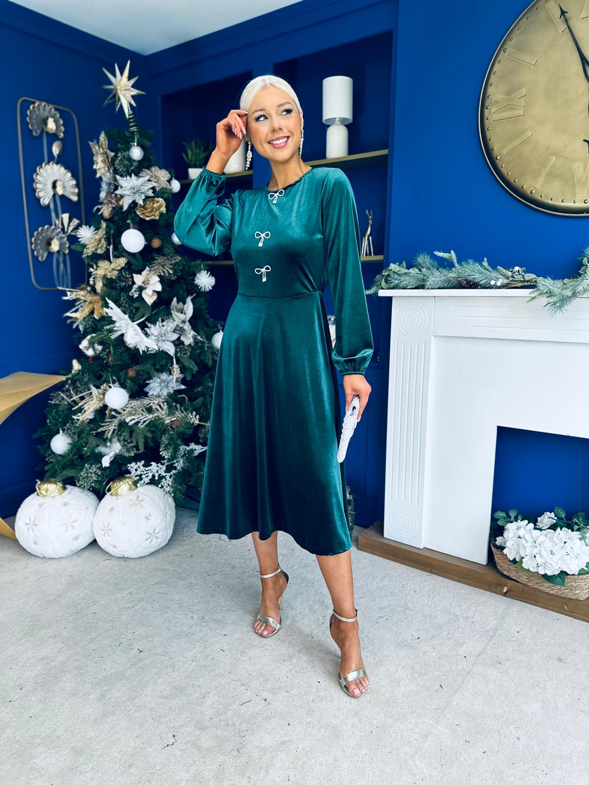 Caroline Bow Detail Velvet Midi Dress Forest