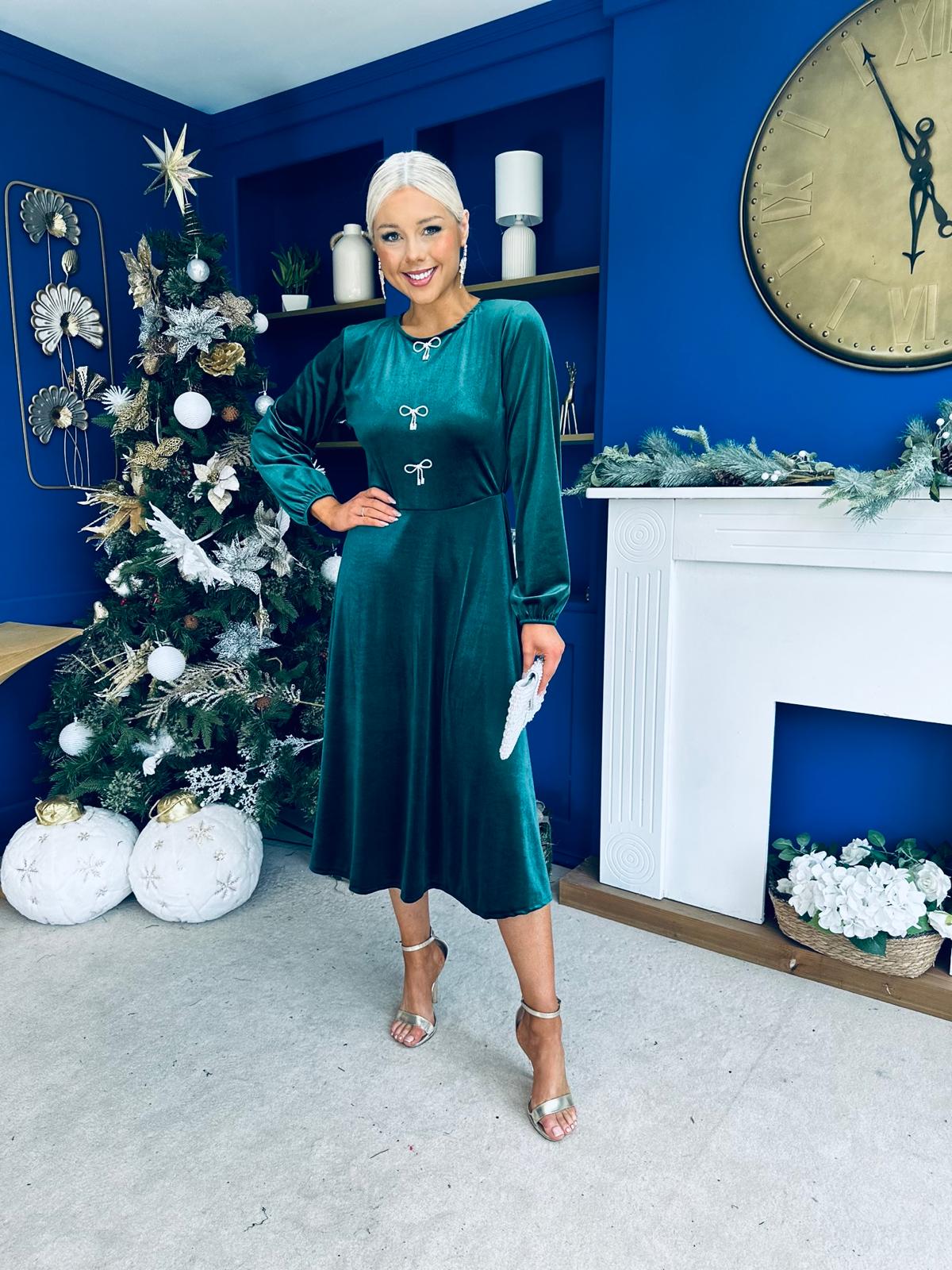 Caroline Bow Detail Velvet Midi Dress Forest