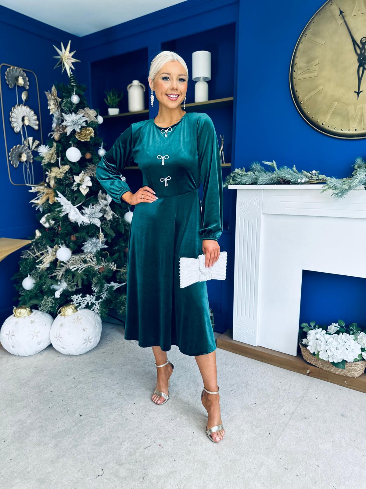 Caroline Bow Detail Velvet Midi Dress Forest