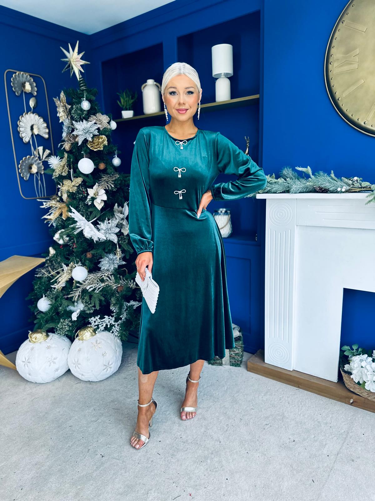 Caroline Bow Detail Velvet Midi Dress Forest