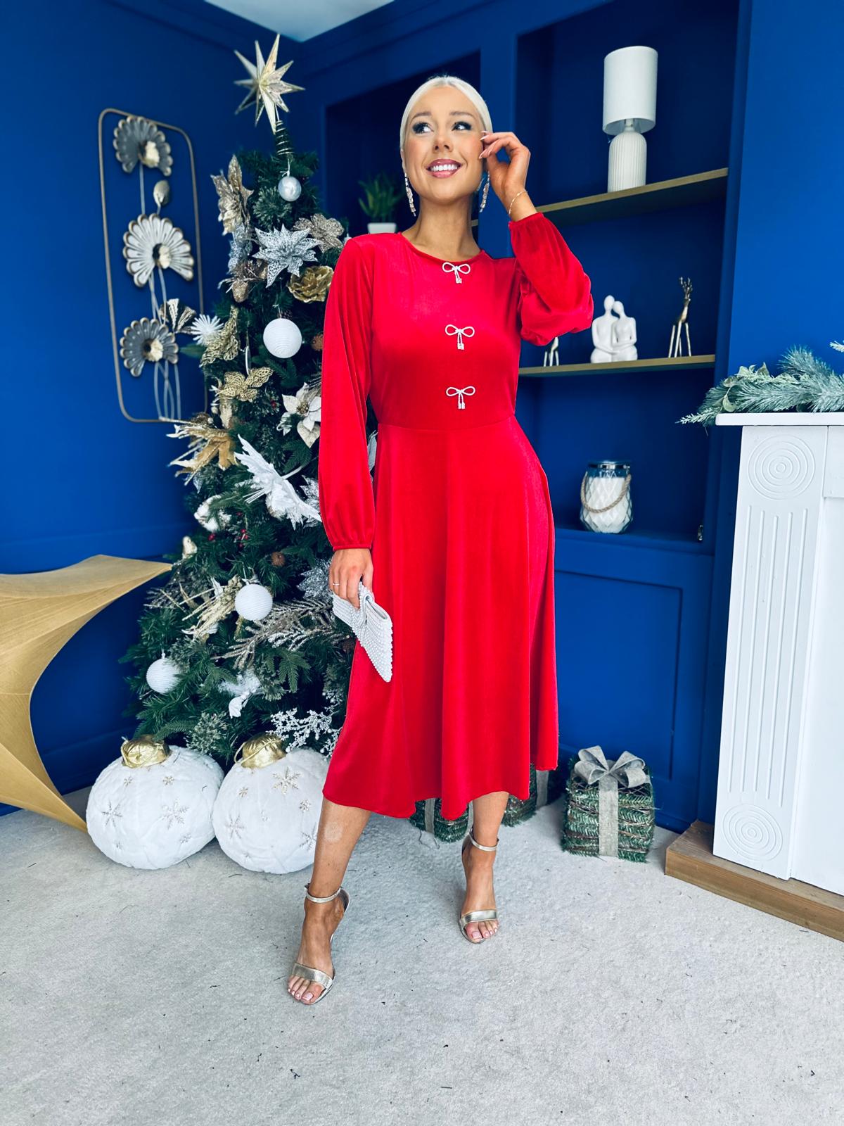 Caroline Bow Detail Velvet Midi Dress Red