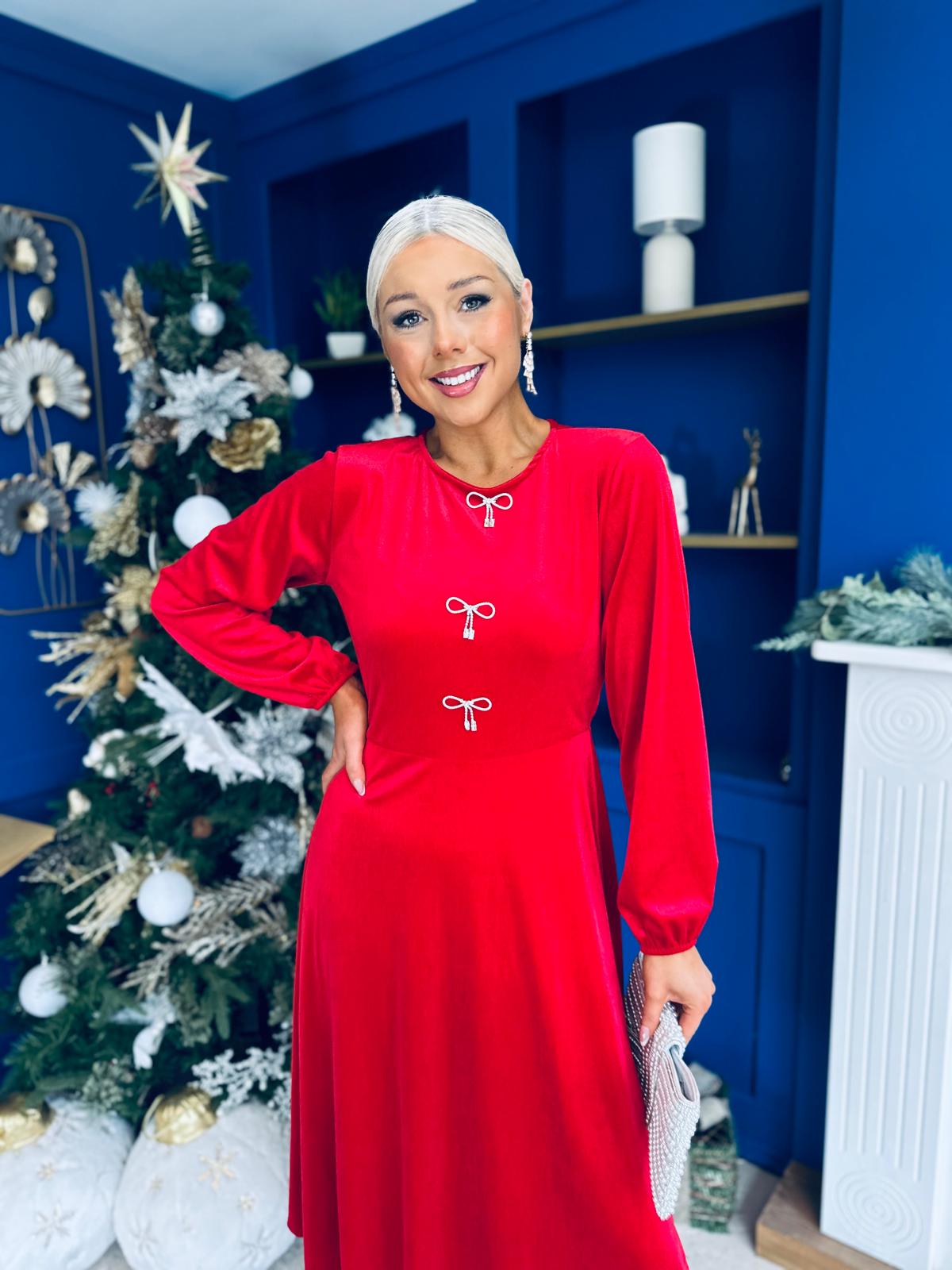 Caroline Bow Detail Velvet Midi Dress Red