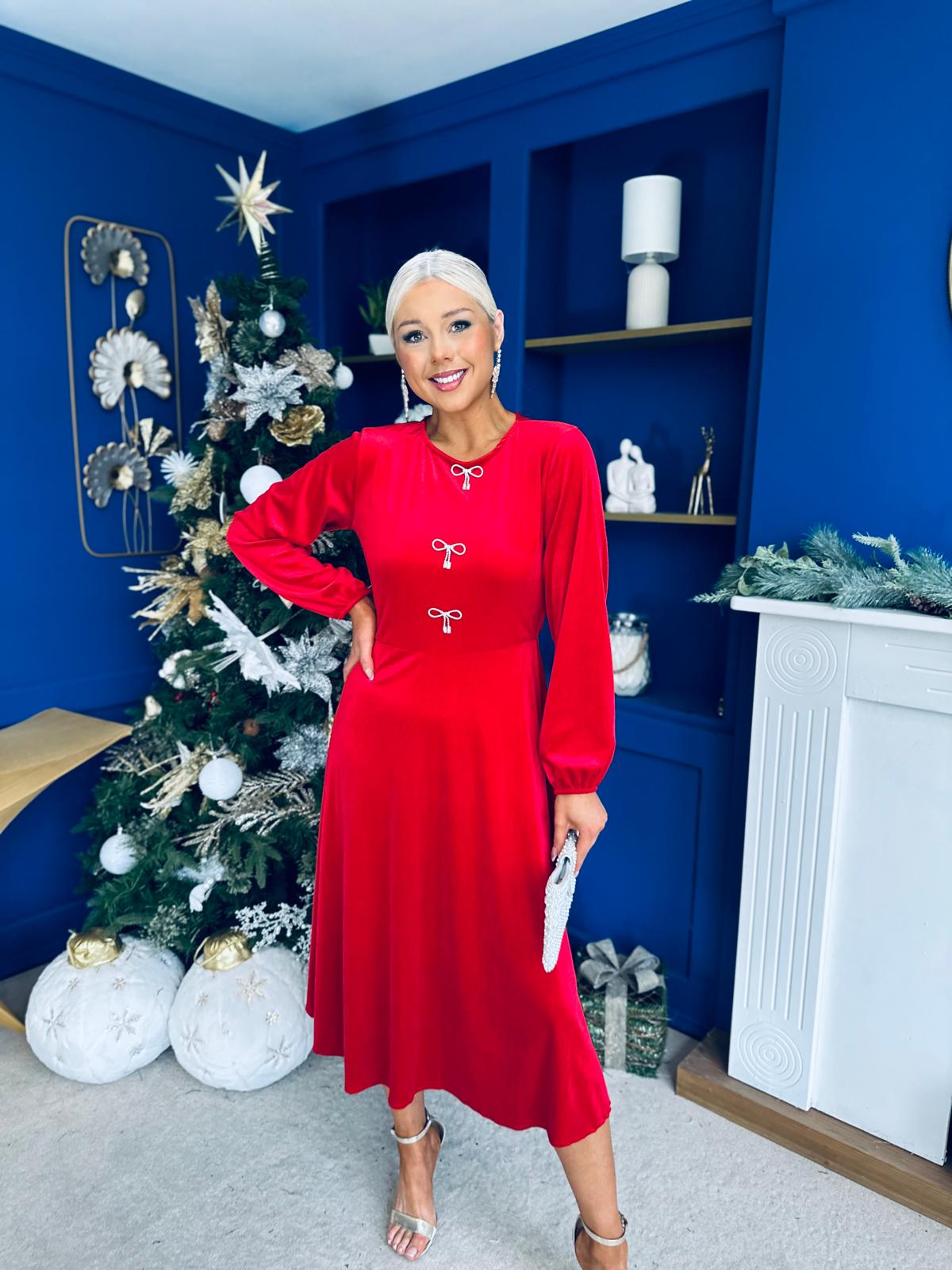 Caroline Bow Detail Velvet Midi Dress Red