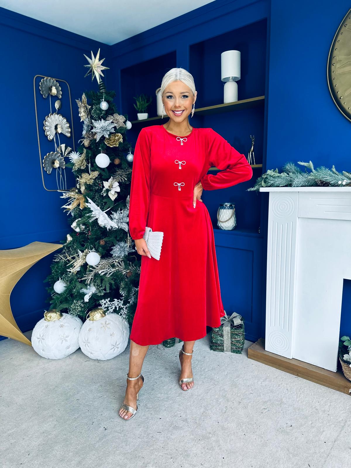 Caroline Bow Detail Velvet Midi Dress Red