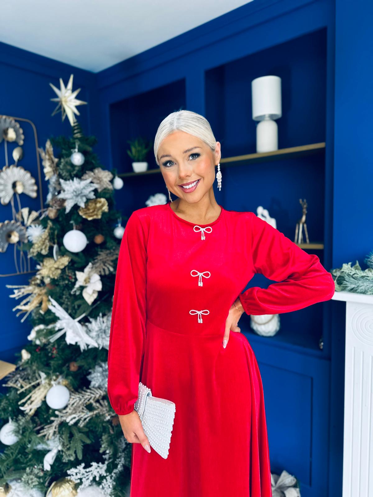 Caroline Bow Detail Velvet Midi Dress Red