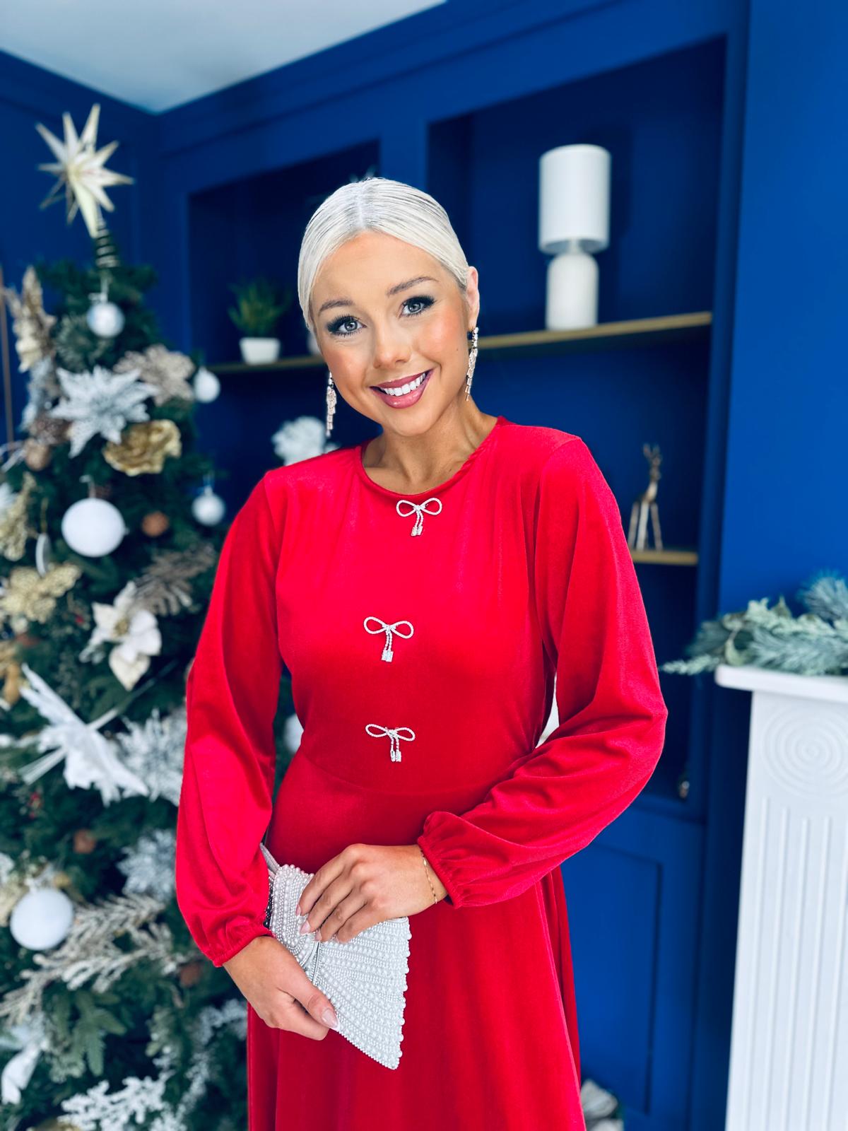 Caroline Bow Detail Velvet Midi Dress Red