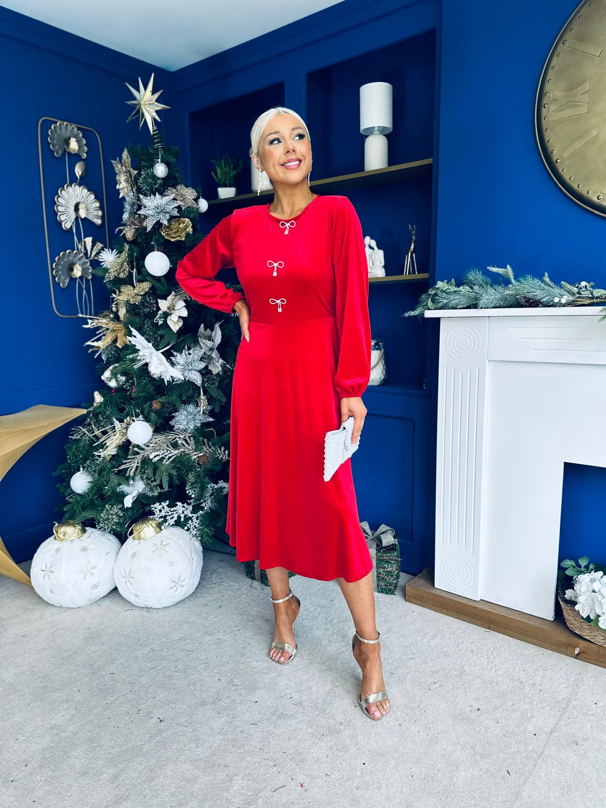 Caroline Bow Detail Velvet Midi Dress Red